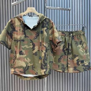 Mens Casual Breathable Quick Dry Short Pants Set Loose Fit Five Tenths Sun Protection Camouflage Workwear Two Piece Set