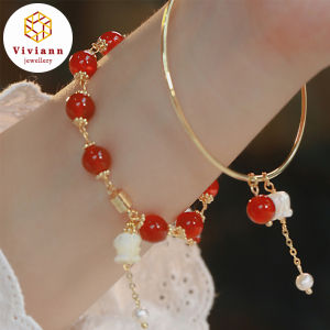 Viviann Original Design Red Agate Bracelet New Chinese Bracelet 14k Gold Plated Bead Bracelets Women Fashion Red Chalcedony Round Stone Elegant Healing Strand Bangles Wristband Gifts