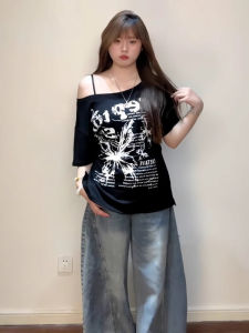 plus Size Butterfly Print Short Sleeve T-Shirt Womens Summer Slimming Waist Cinched Shoulder Bared American Hot Girl Style Top