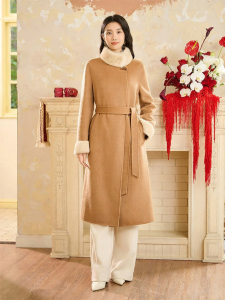 Mink Fur Collar Color Block Wool-Cashmere Blend Coat