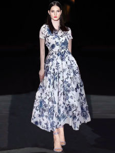 Elegant Butterfly Print High Waist Short Sleeve Dress Stand Collar Midi Dress Sweet Earlet Lace Trim Celebrity Inspired Gown