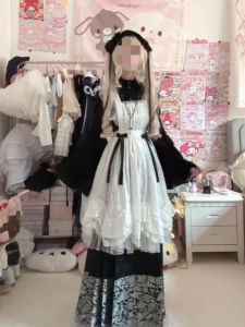 Black Stand Collar Cheongsam Halloween Cosplay Clothing Ming Dynasty Hanfu Sleeves Lolita Style Princess Fit Young Women Dress