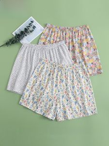 A&B Ladies Cotton Sleepwear Summer Thin Print Home Leisure Shorts Knitted Loose Fit Pants High Waist Short Length Plant Floral Pattern