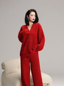 Red Fleece Lined Thickened Half Velvet Pijama Set for Women Lucky Year Sleepwear V-Neck Long Sleeve Winter Home Clothes