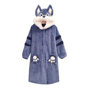 Big Gray Wolf Pajamas Womens Autumn and Winter Cartoon Rabbit Nightgown Hooded Coral Fleece Thickened Couple Homewear Suit Men