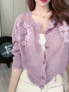 Korean Style Long Sleeve Knitted Cardigan round Neck 3D Flower Design Single Button Casual Outerwear Womens Cashmere Sweater