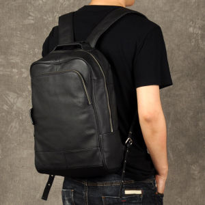 Guzao Genuine Leather Mens Backpack Travel Computer Bag Fashionable Trendy School Bag Korean Style Business Bag Shoulder Strap