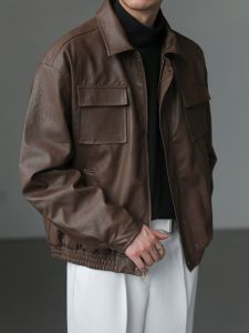 Trendy Handsome Motorcycle Short PU Leather Jacket Men and Women Fall and Winter Retro Warm Loose Japanese Style Leather Coat Overalls