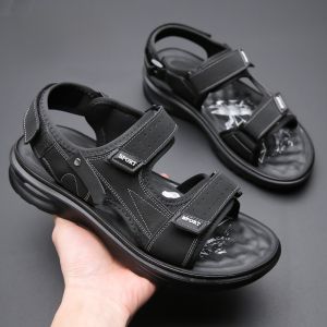 Mens Summer 2024 Wooden Bird Sandals Genuine Leather Beach Shoes Soft Bottom Air Cushion Versatile Slip-On Casual Thong Slippers