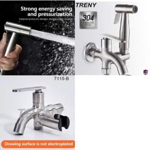 TRENY SUS304 Stainless Steel Two Way Tap Bathroom Faucet with Bidet Spray Holder and Flexible Hose Mop Sink Faucet Bathroom Toilet Hand Shower Spray Bidet Set Water Tap 3-piece set