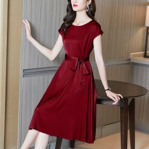 TTQQ Womens Solid Color Long Waist Fashion Joker Dress