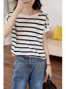 Fashionable Ice Silk Knitted Button up Short Sleeve Striped Contrast Color T-Shirt Korean Style Loose Fit Summer Top for Women