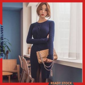 CFBOUTIQUE Korean Style Women Fashion Ribbed Knit Slit Long Sleeve Dress