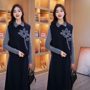 ชุดเดรสสเวตเตอร์ถักสองชิ้นสไตล์เกาหลีฤดูใบไม้ร่วง/ฤดูหนาว กระโปรงทรงเอเอวสูง แขนยาว ผ้าฝ้ายผสมโพลีเอสเตอร์