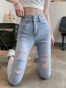 High-Waist Stretchy Slim-Fit Denim Skirt for Women Spring Summer 2023 New Style BF Jeans with Embroidery and Button Details