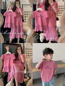 South Korea Childrens Clothing Parent-Child Clothes Summer New Arrival a Family of Three Heart Letter Splicing Short Sleeve Dress Mother and Daughter Western Style