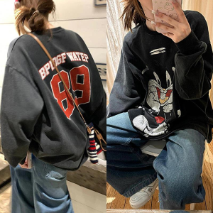 Large Size 300 Pounds Washed Vintage Pure Cotton American Lazy Style Hoodie Cartoon Rabbit Ostrich Loose Long Sleeve Sweatshirt