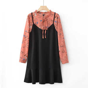 ชุดเดรสยาวลายดอกไม้สไตล์เกาหลีไซส์ใหญ่ กระโปรงทรงเอเอวสูง แขนยาว ปกโปโล ช่วงฤดูใบไม้ผลิและฤดูใบไม้ร่วง