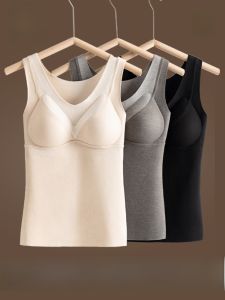 Miiow | Warmth Innerwear Womens Integrated Vest Top With Chest Pad Autumn Winter Base Layer Shirt Simple Style Fleece Lined Vest