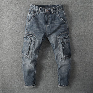 American Retro Workwear Jeans Mens Spring Autumn Loose Trendy Brand Multi Pocket Straight Leg Long Casual Pants