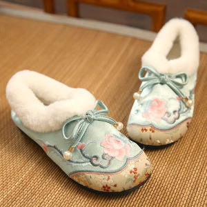 Autumn Winter Chinese Style Embroidered Cotton Slippers Womens Fluffy Soft Bottom Flat Bottomed Traditional Ethnic Flavored Shoes