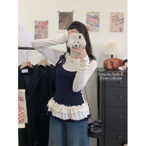 เสื้อยืดแขนยาวผู้หญิงทรงเข้ารูปสไตล์เกาหลี เสื้อชั้นในแบบสวมใส่ลำลองสำหรับฤดูใบไม้ผลิและฤดูใบไม้ร่วง