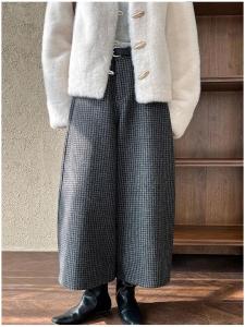 High Waist Wide Leg Pants Korean Style Commute Fashion Tweed Material Elastic Waist Casual Banana Pants Slimming Nine Points