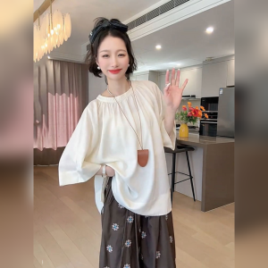 YUFUQING | Áo sơ mi trắng tay giữa rộng rãi phong cách Pháp mùa hè mới thường ngày đa năng thoải mái chất liệu polyester dài tay cổ tròn