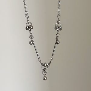 Cyber Mechanical Style Geometric Silver Ball Splicing Necklace Korean Style Original Design Alloy Material Clavicle Chain Pendant