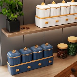 Spices Container Set Drawer Type Seasoning Container Set Kitchen Spices Box Set With Lid and Spoon Spices Storage Jar Set Moisture-proof Box 调味盒