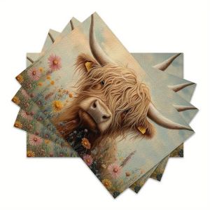 VIKAMA 4-Piece Scottish Highland Cow Placemats Floral Fabric Tablecloth for Afternoon Tea - Easy-Clean Home Dining Room Decor