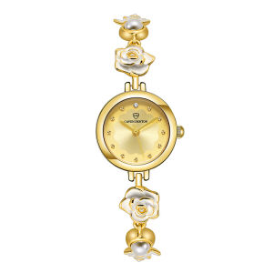 CAVEN DENTON Camellia Watch for Women: Gold Waterproof, New Design, Diamond Pearl Chain, Exquisite Casual Watch