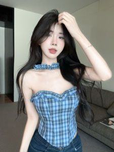 GUZILIAN | Pure Desire Spicy Girl Plaid Halter Top Womens Slim Fit Short Vest Korean Style Commute Fashion Summer New Arrival