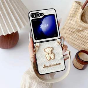 Hardcase Samsung Galaxy Z Flip 6 5G 2024 Woven With Cute 3D BEAR and Leather Chain Phone Case For Samsung Galaxy Z Flip 6