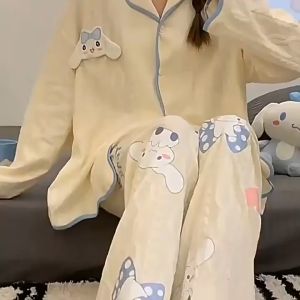 MURHOL Piyama Kerah Kancing Set Baju Tidur Lengan Panjang Celana Panjang Wanita Dewasa Remaja Busui