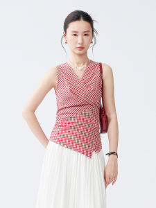 French Style Red Checkered V-Neck Sleeveless Waist-Shaping Asymmetrical Tie-Up Versatile Blouse
