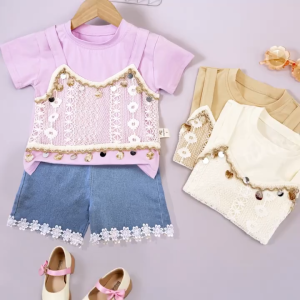 X-BABY CLOTHES Setelan Anak 2025 Perempuan Lengan Pendek Celana Pendek Soft Jeans Bahan Katun Premium Usia 1-5 Tahun