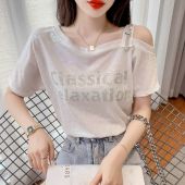 European Goods Rhinestone off-the-Shoulder Short Sleeve T-Shirt Womens Summer Loose-Fitting Fashion Fashionable Stylish Niche Style Chic Short Top Clothes