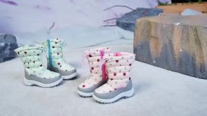 Girls Pink Heart Print Snow Boots Kids Winter Warm Mid-Calf Boots for Outdoor