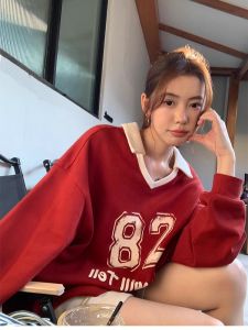Pusumede Loose Fit V-Neck Long Sleeve Hoodie Womens Printed Oversized Sweatshirt Spring 2025 Casual Sportswear