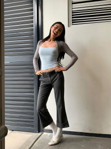 Gray 7-Point Bell Bottom Pants High Waist Draped Fabric Summer Casual Trousers Inverted Triangle Version Comfortable Fit