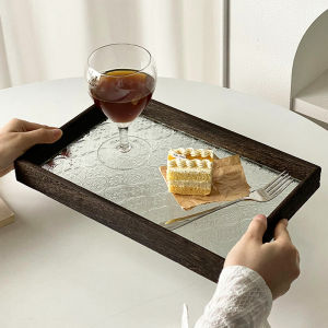Retro Embossed Glass Rectangular Tray Wooden Tea Water Cup Tray Home Use Plant Floral Pattern Dishware Serving Plate