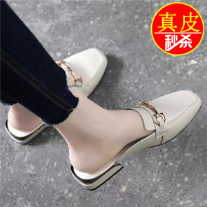 Brand Special Offer Authentic Leather Toe Box Half Slippers Womens Summer Outwear 2024 New Arrival Thick Heel Flat Non Slip All-Matching Womens Shoes
