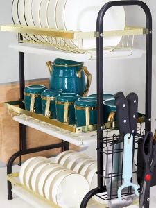 2/3-Tier Bowl Rack Dish Shelves Drainer Drying Kitchen Countertop Plate Organizer Storage Shelf HX28-2682