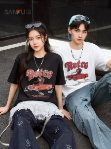 SANFU | American Letter Vintage Car Heavyweight Casual Loose T-shirt