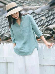 Retro Artsy Thin Linen V-neck Shirt Womens 2024 Summer New Arrival Loose Sun Protection Top Half Sleeve Cotton and Linen T-shirt