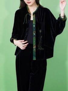 Elegant Silk Velvet Jacket Womens New Chinese Style Patchwork Mommy High Fashion Straight Tube Commute Spring Season Short Coat