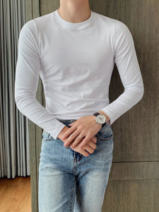 เสื้อยืดแขนยาวผู้ชายเสื้อตัวในเสื้อยืดสีขาวล้วนคอกลมสีดำชุดผู้ชายฤดูใบไม้ผลิและฤดูใบไม้ร่วงเข้ารูปเสื้อรัดรูปผ้ายืด