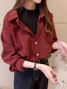 chaqi | Womens Autumn Winter Corduroy Shirt Fake Two-Piece Polo Collar Long Sleeve Loose Fit Korean Style Commute Fashion Base Layer