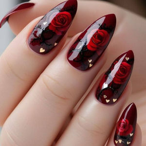 Medium fake nails for women girls New year red flowers heart design for Valentines Day Almond ballet tips press on false nail